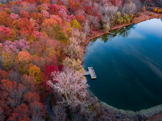 Let's go RV Camping to Michigan Lakes View Of Lake in Autumn Forest